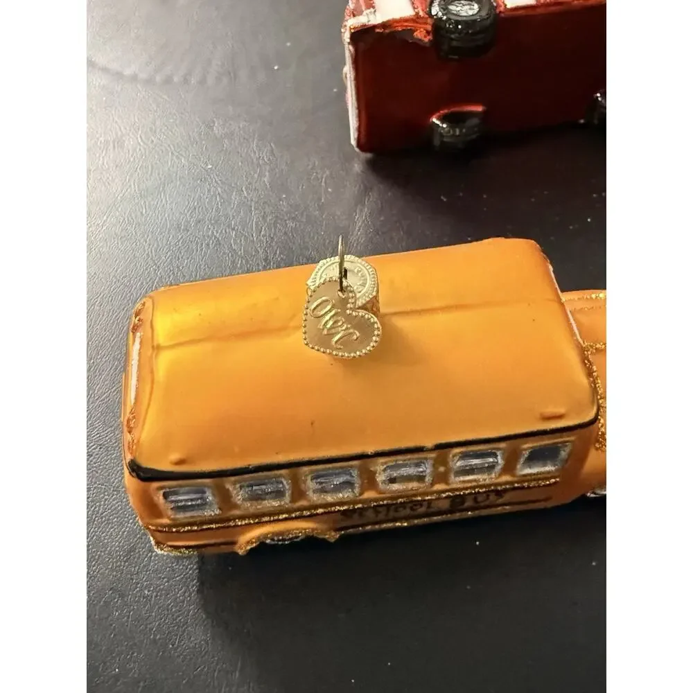 Old World Christmas Glass Ornaments School Bus Fire Truck Ambulance Double Bus